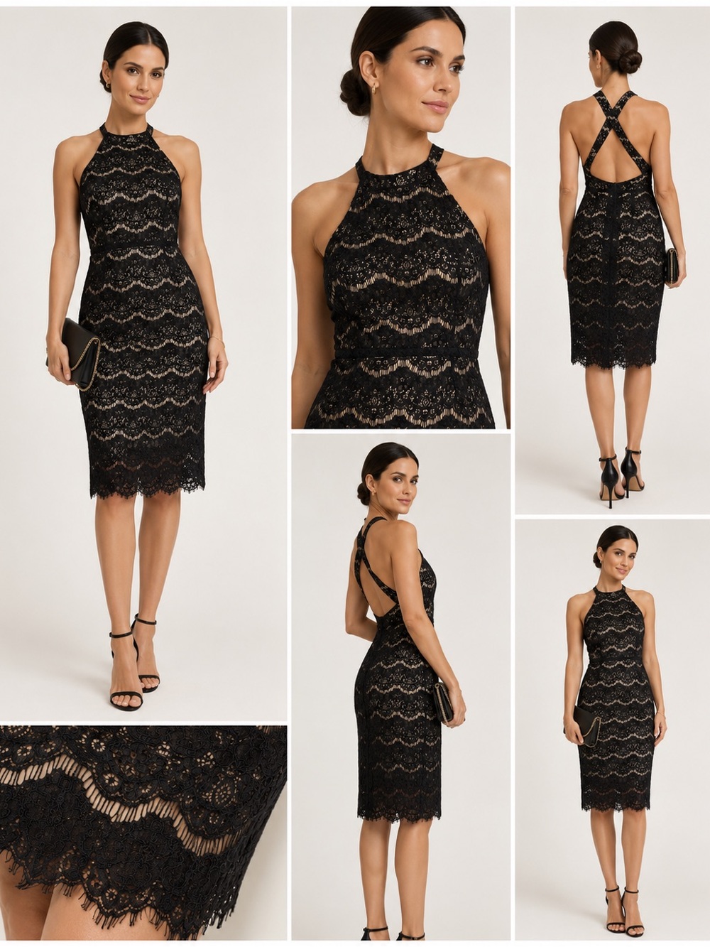 WAYF Cross Back Lace Midi Dress XS Black Nude Halter Scalloped Cocktail
